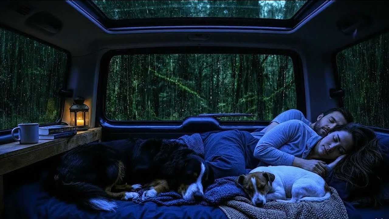 Forest Rain Ambience 🌧️ Peaceful Van Night with Woman & Bernese Mountain Dog 🐾