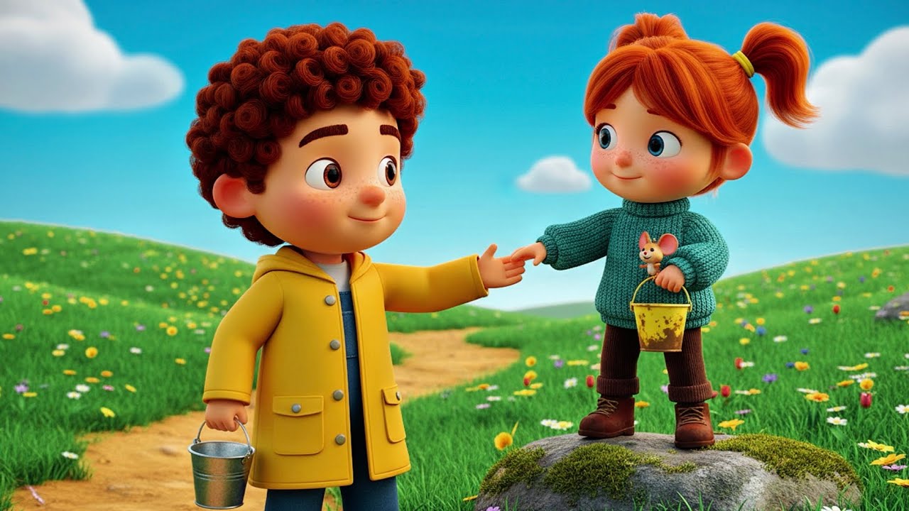 Animation. Jack and Jill hike up a steep grassy green hill under a bright blue sky