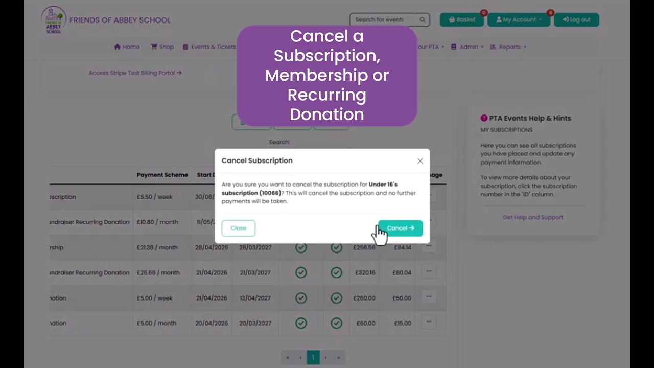 PTA Events Tutorials - How do I cancel a subscription, membership or recurring donation