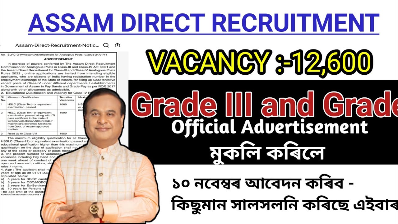 Assam Direct Recruitment &ndash; Grade III and Grade IV 12600 Posts Released official advertisement