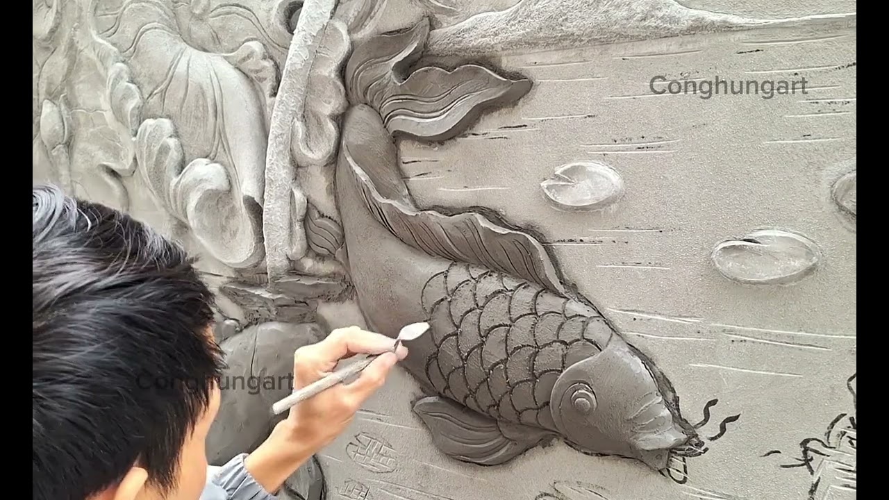 Instructions on how to sculpt a carp by hand using cement.