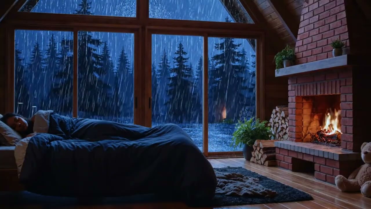 Rainy Night Cabin 🌧️ Warm Fireplace Sounds for Stress Relief & Deep Sleep