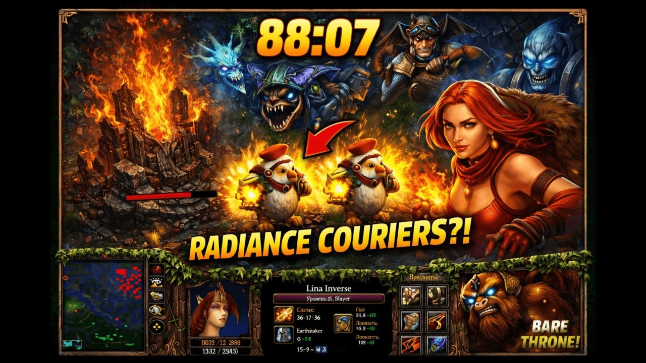 DotA LINA 36-17-36 SHAKER (15-9-43) EPIC 88 MIN GAME!! BARE THRONE DEF + DOUBLE RADIANCE COURIERS?!