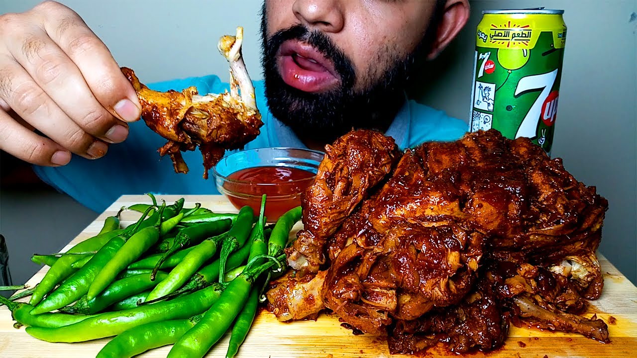 SPICY FULL CHICKEN MASALA FRY || GREEN CHILLI AND 7UP EATING VIDEO#HungryPiran