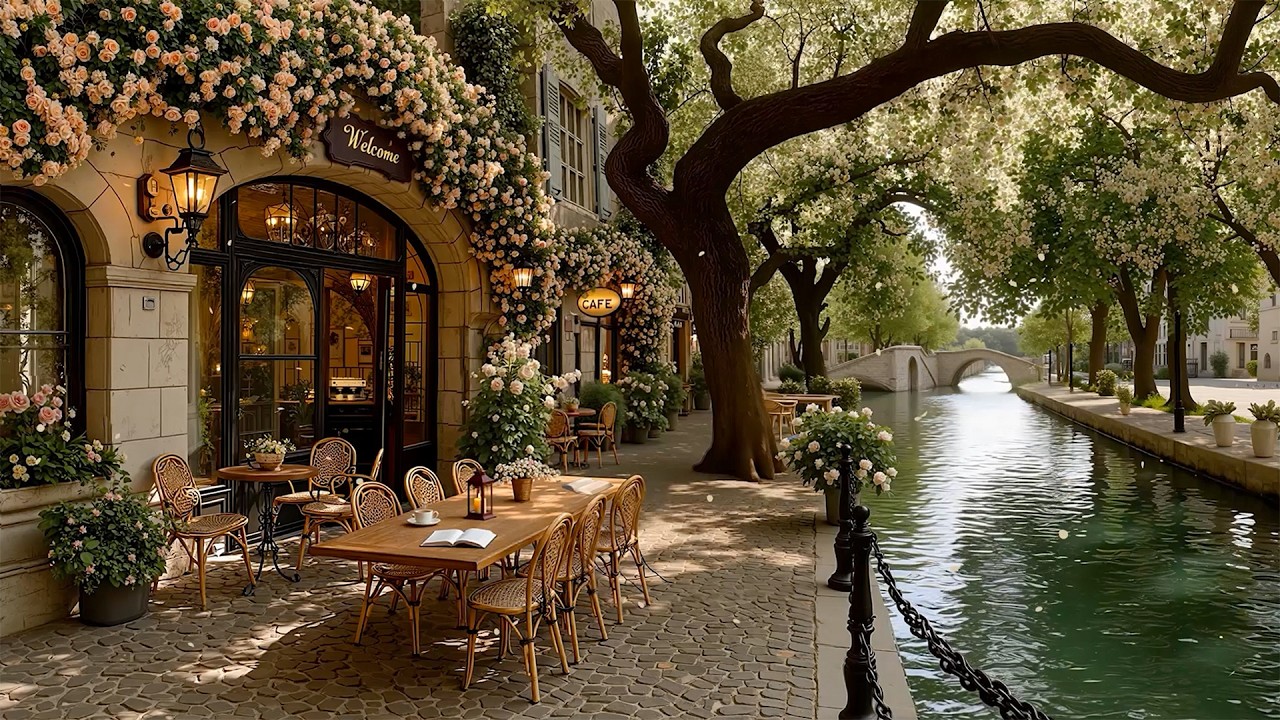 Soft Morning Jazz by a Cozy Canal Caf&eacute; under Spring Trees 🌸 Smooth Jazz for Peaceful Mood & Relax ☕