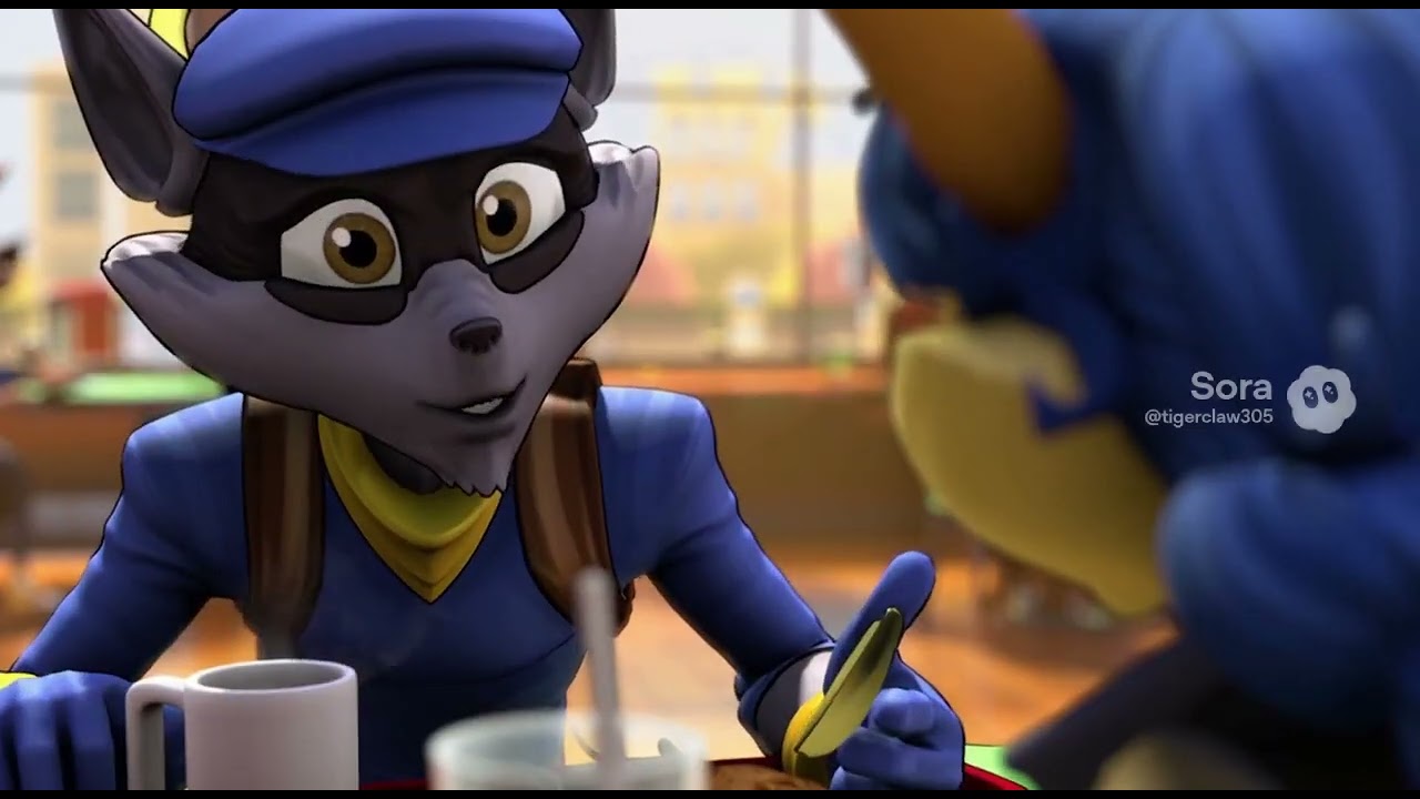 Sly Cooper and Carmalita Fox are at a cafeteria flirting with each other.