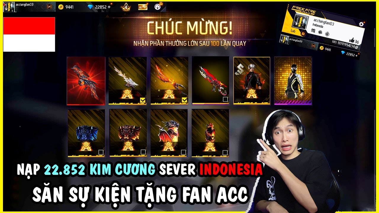 FREEFIRE| THÀNH MỐC LẬP ACC SEVER INDONESIA VÀ SĂN SÚNG NÂNG CẤP TẶNG FAN