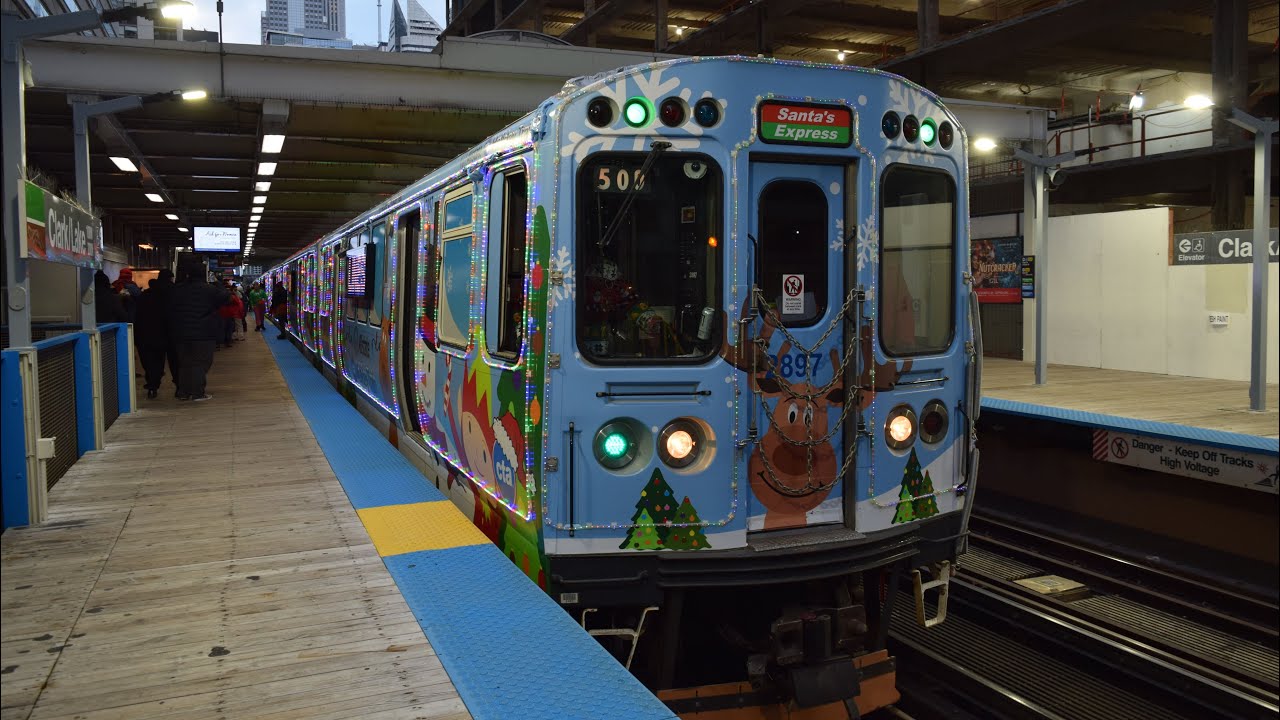 CTA L: 2024 Allstate Holiday Train Green & Brown Line Run @ Pulaski & Clark / Lake Station