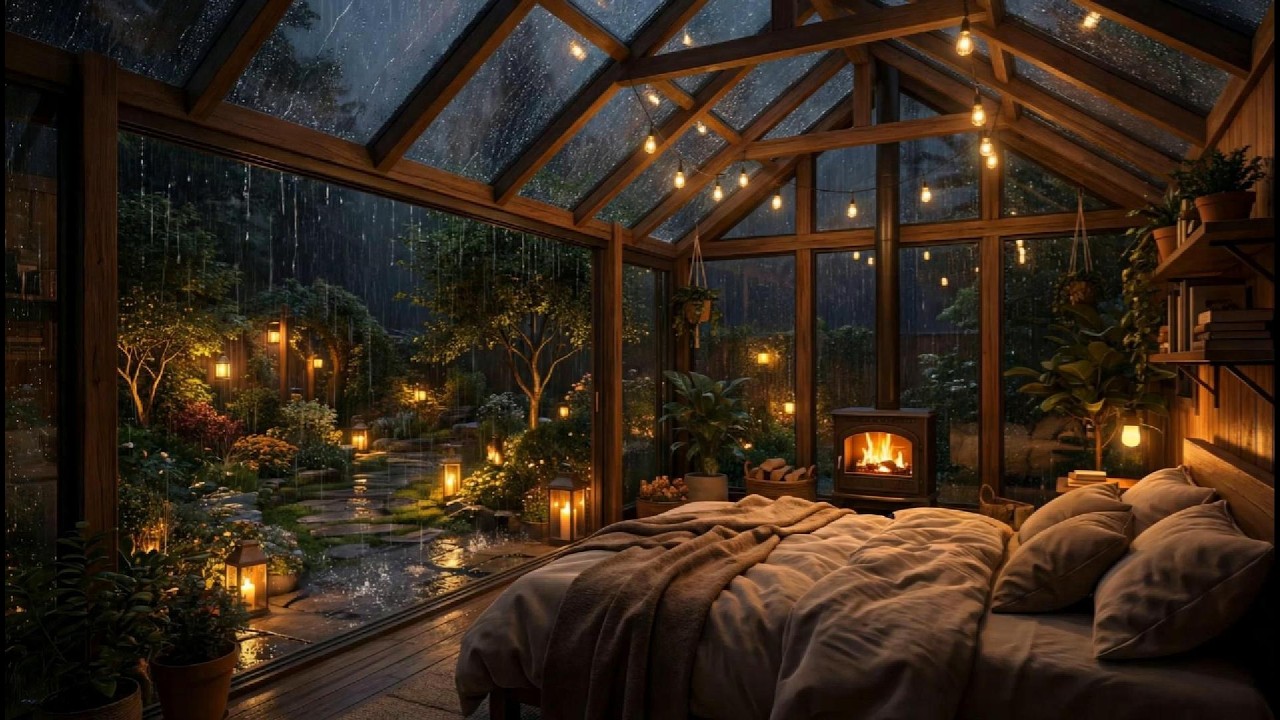 Fall Asleep Instantly to Thunderstorm & Rain Sounds 🌿 Cozy Night in a Glass House with Garden View