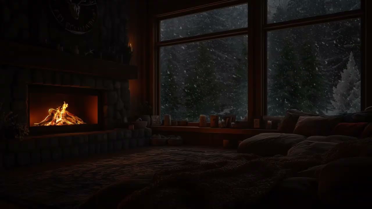Warm Cabin Fireplace on a Snowy Winter Night Relaxing Crackling Fire Sounds for Better Sleep