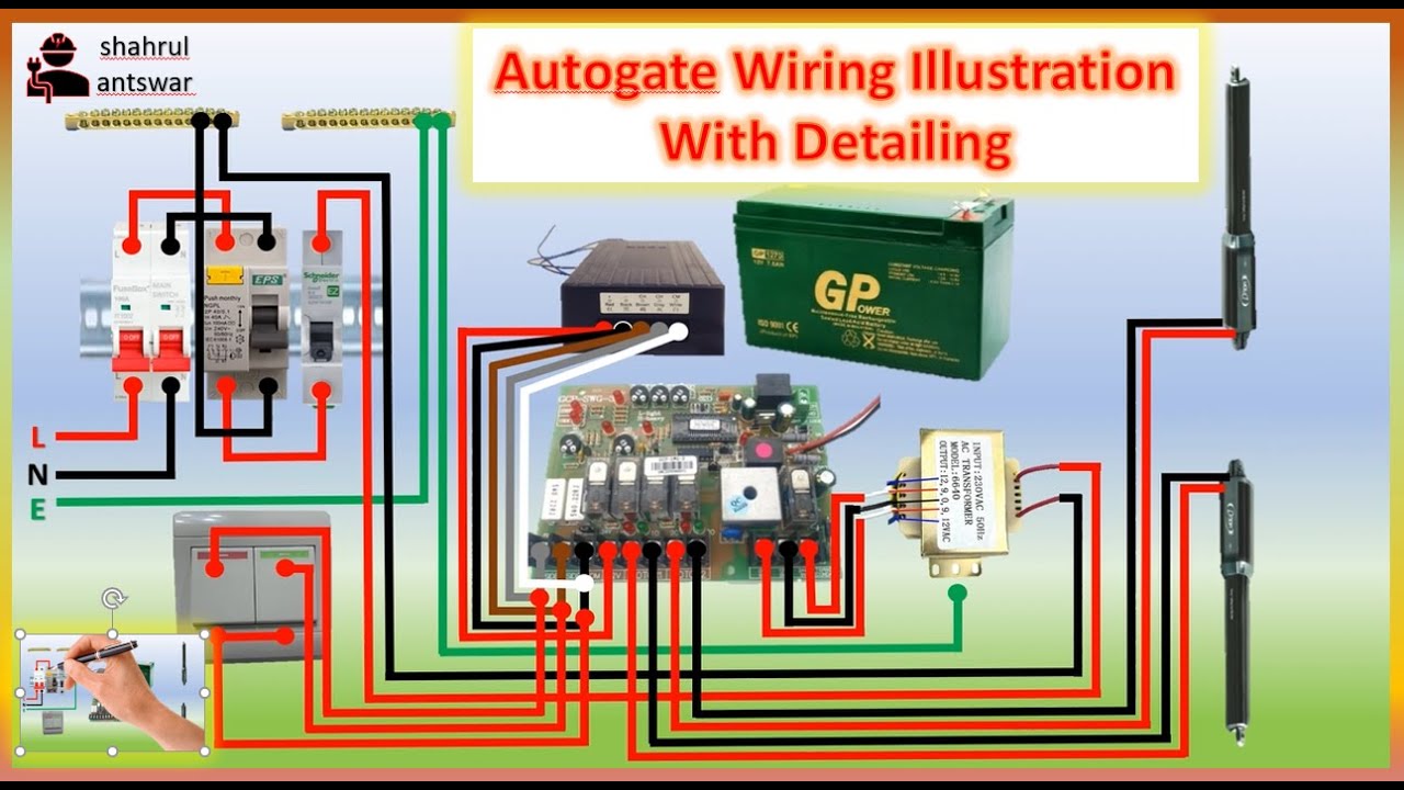 Autogate wiring illustration with detailing | pemasangan sistem autogate