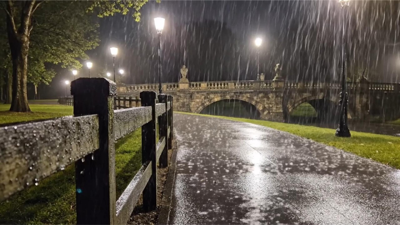 Peaceful Rainy Night Park Walk with Wooden Bridge 🌧️ Relaxing Sleep Ambience 4K  Calm Path Rain