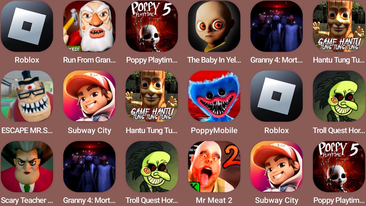 Roblox,Run From Grandpa,Poppy Playtime Chapter 5,The Baby In Yellow,Subway City,Poppy Mobile...