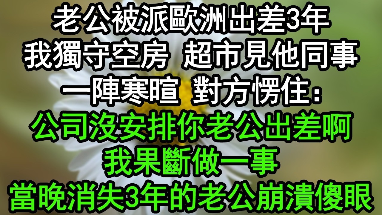 老公被派歐洲出差3年，我獨守空房，超市見他同事一陣寒暄，對方愣住：公司沒安排你老公出差啊！我果斷做一事，當晚消失3年的老公崩潰傻眼#深夜淺讀 #為人處世 #生活經驗 #情感故事