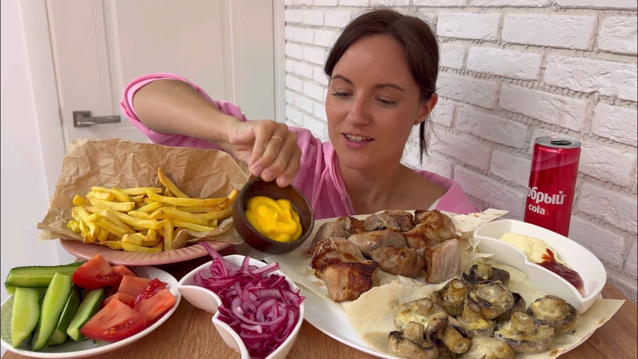 МУКБАНГ ШАШЛЫК ДОМА КРУГЛЫЙ ГОД ГРИБЫ КАРТОШКА ФРИ РЕЦЕПТЫ АЭРОГРИЛЬ KARINGBEE JD689 PRO 