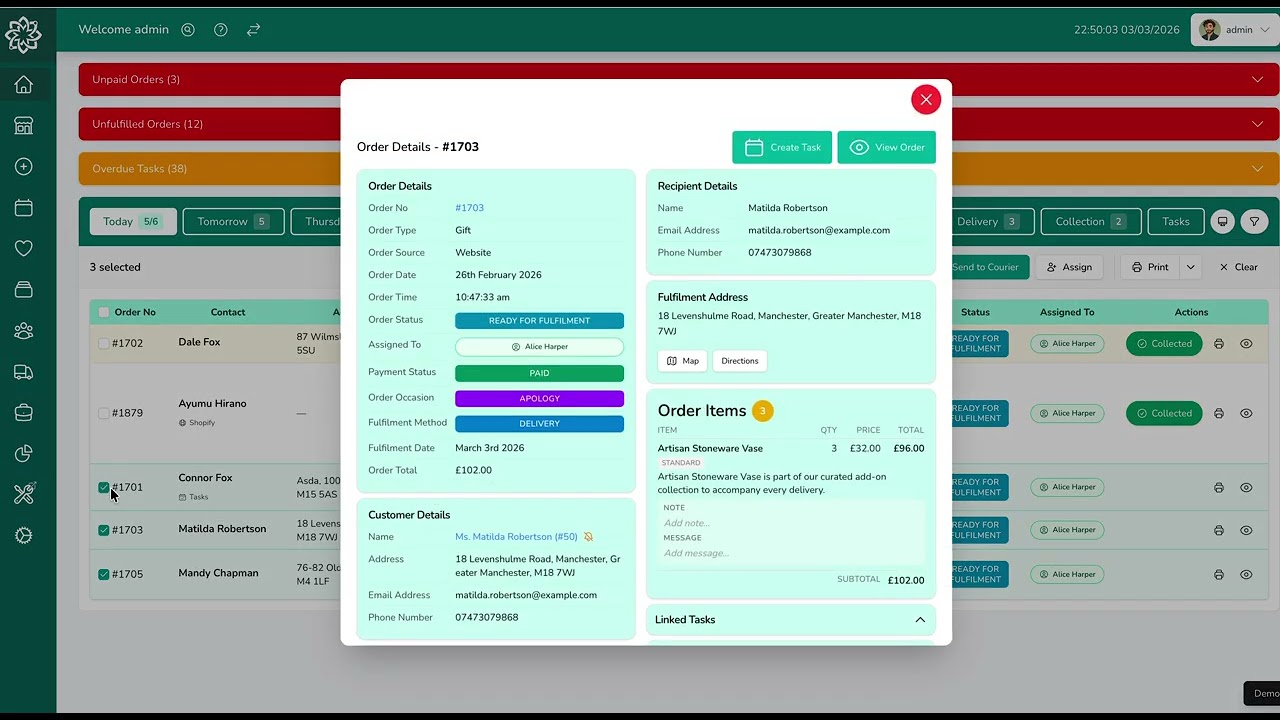 Digital Florists Dashboard   Bulk Actions   Assign,  Print, Ready, Collected