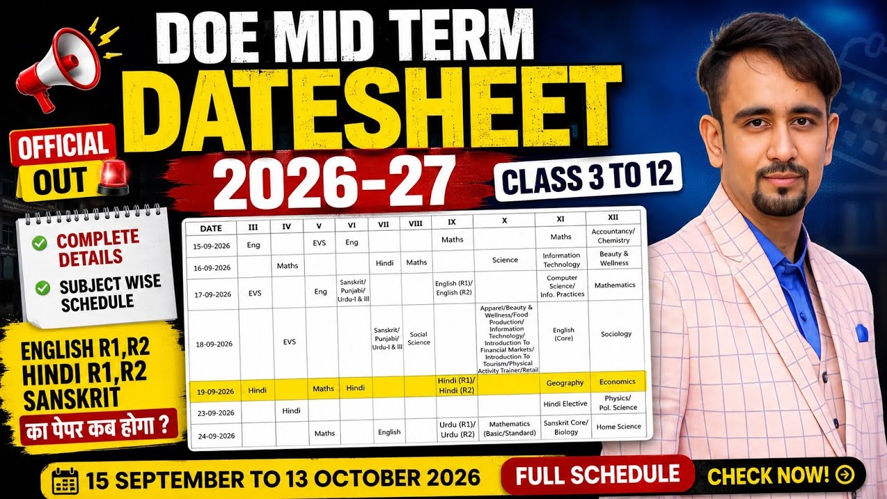 Doe Mid Term Datesheet 2026-27 with complete details 🔥 doe date sheet mid term 2026-27 / class 3to12