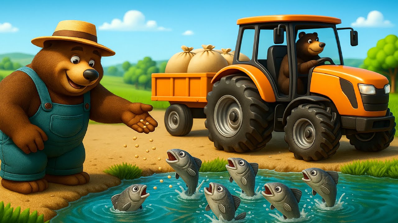 Farm Work: Transporting Fish Food By Tractor, Bear Farmer Takes Care Of Fish