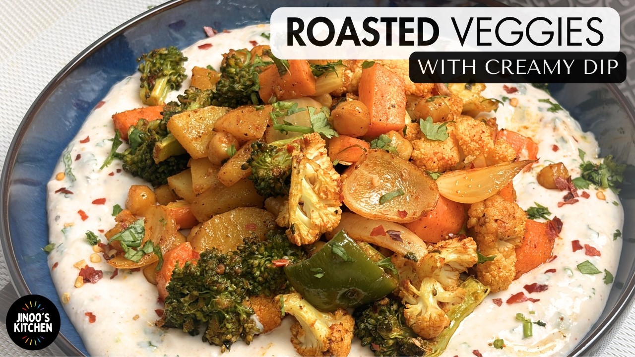 Roasted Veggies with Creamy Dip | Oven roasted Vegetables Recipe