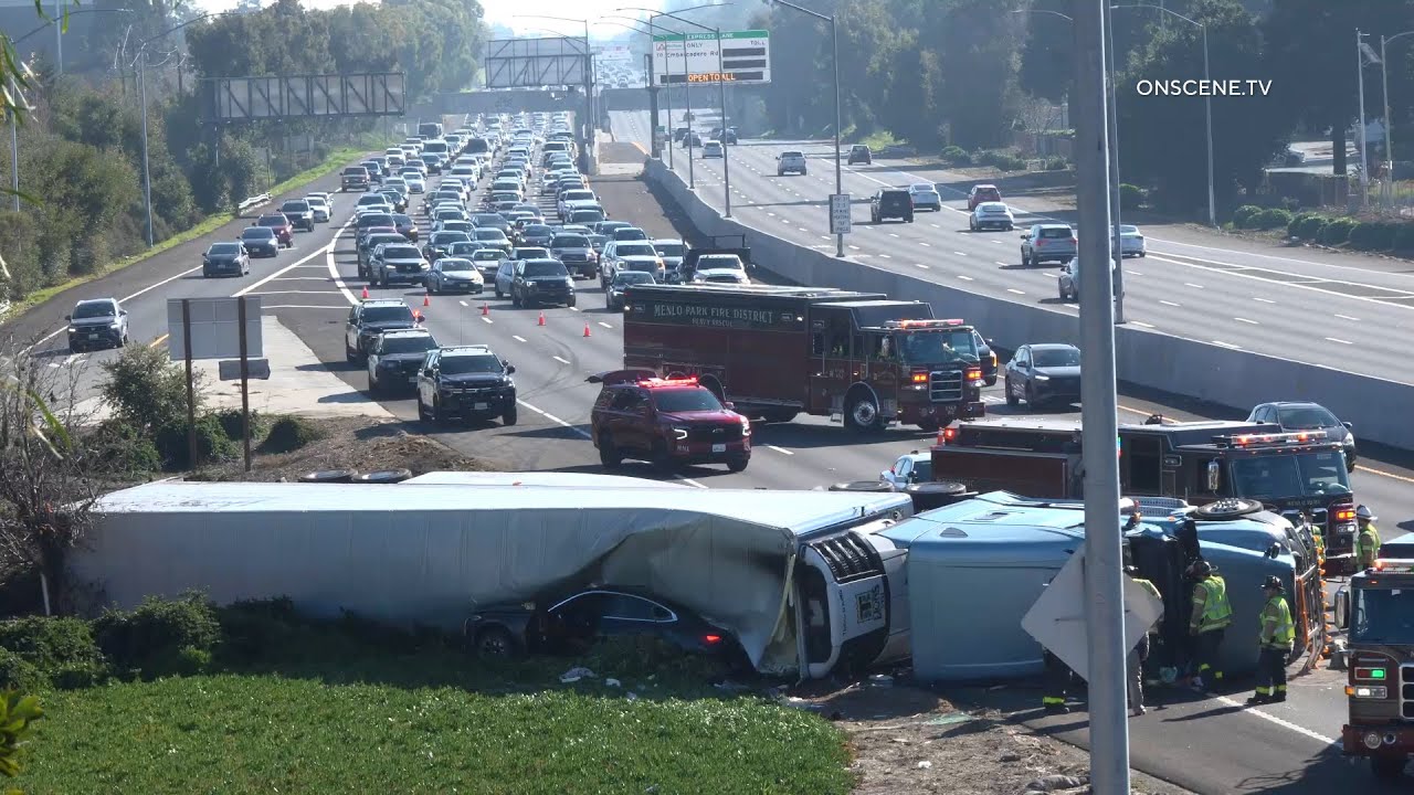 Semi Truck Rollover Traps BMW on Highway 101 in Menlo Park