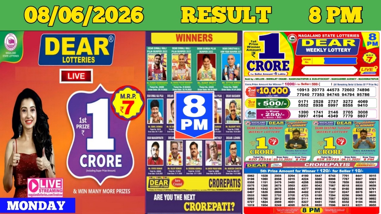 DEAR LOTTERY SAMBAD EVENING 8 PM RESULT TODAY LIVE DRAW ON 08.06.2026 NAGALAND MONDAY