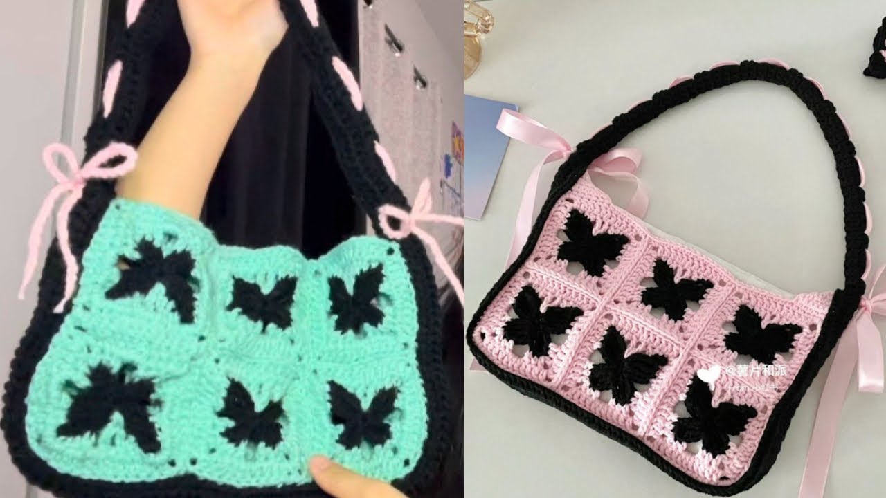 Crochet butterfly granny square bag ￼tutorial🦋✨  #crochettutorial 
