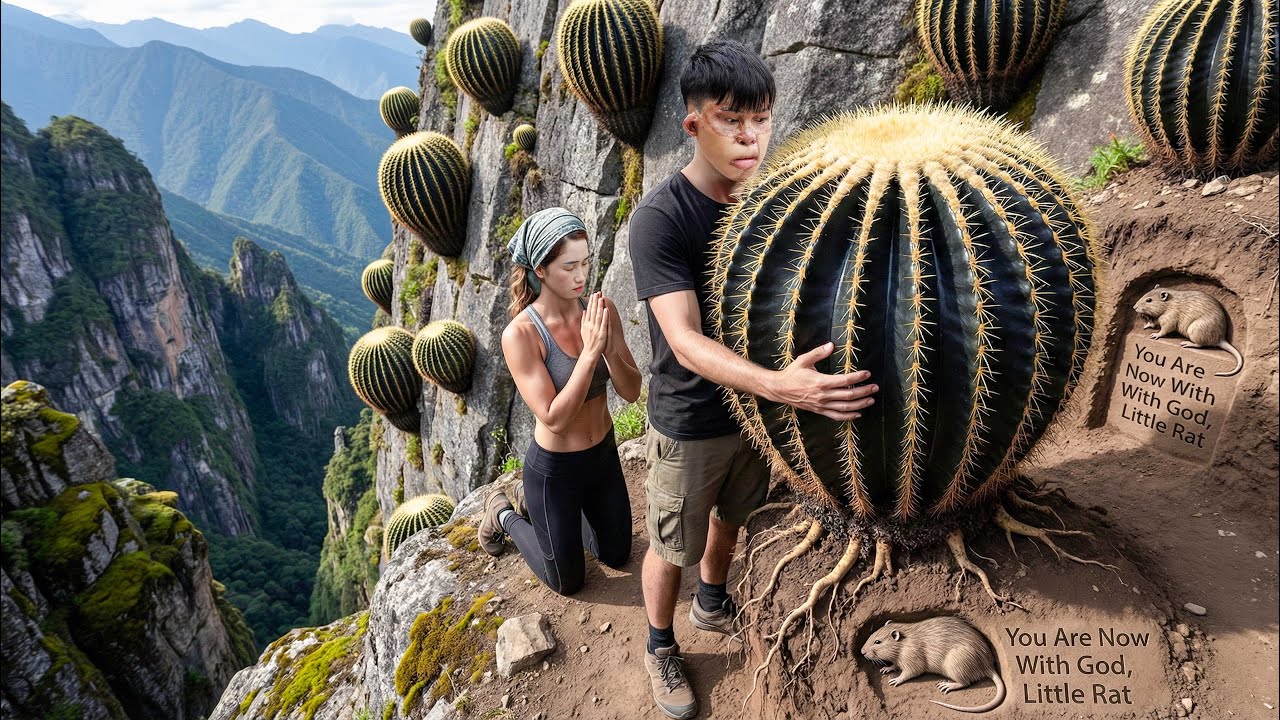 Brave Boy Risks His Life Harvesting Giant Black Round Cactus on Cliff | Final Farewell to Bamboo Rat