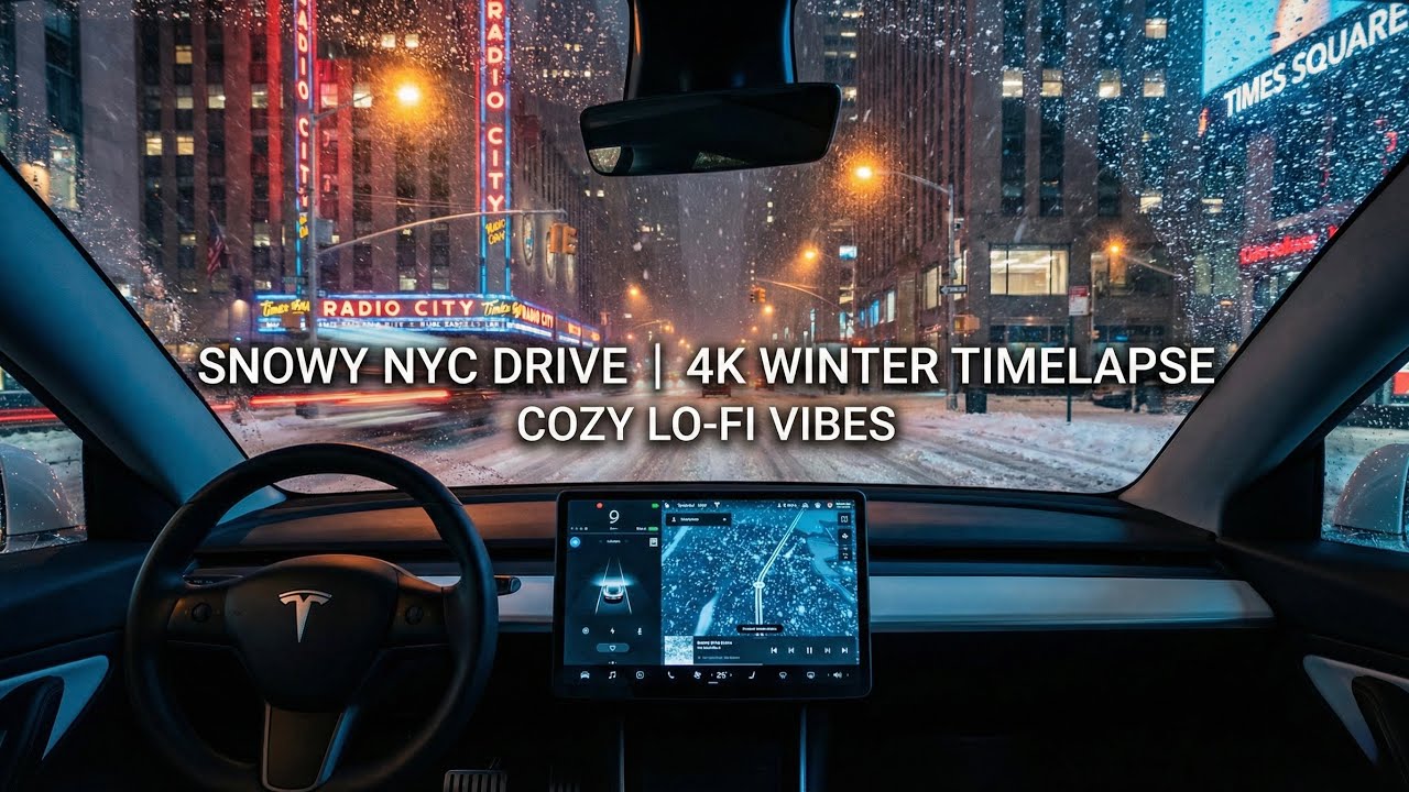 4K NYC Winter Night Drive | Snowy Tesla Time-lapse | Uber Hustle ❄️🚕