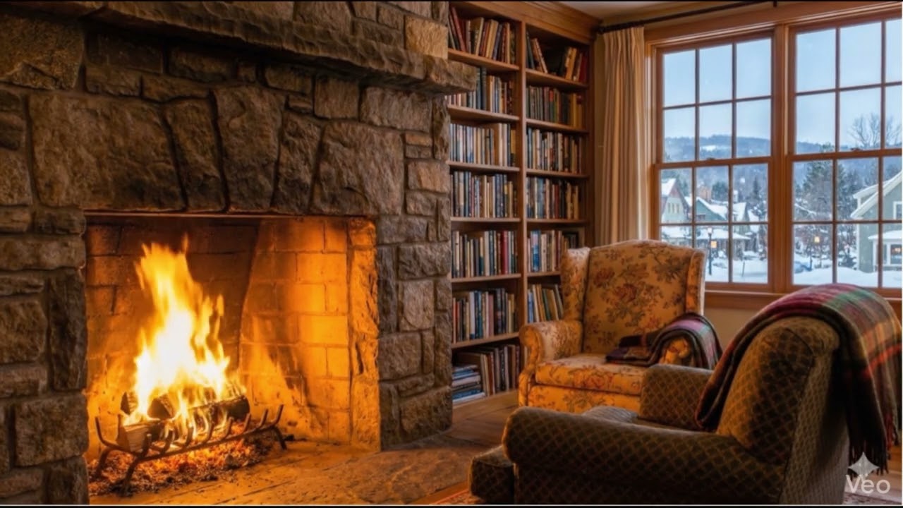Modern Fireplace with Falling Snow Outside ❄️🔥 | Cozy Winter Ambience for Relax, Sleep & Focus