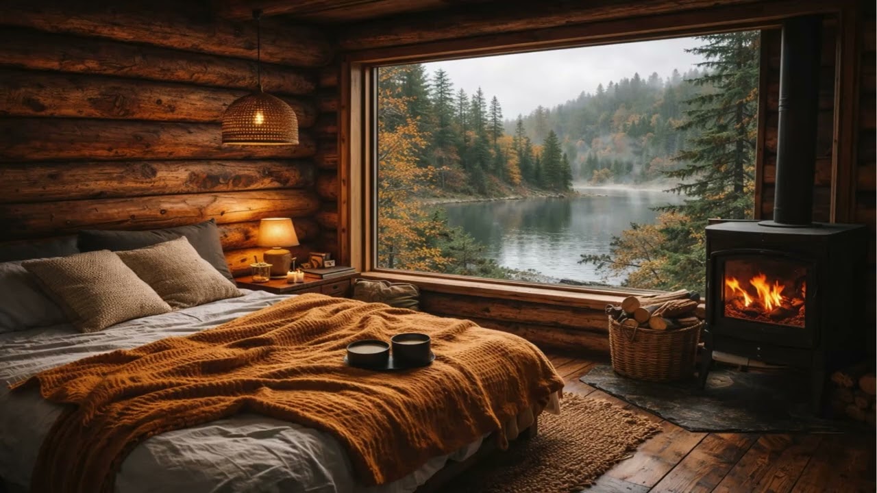 Relaxing Cabin Bedroom | Warm Fire & Peaceful Nature Views | 4K