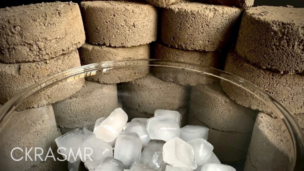 ASMR : gritty cement crumbling in ice cube🧊/ dry and water 💦dip and non dip,paste play,powderplay