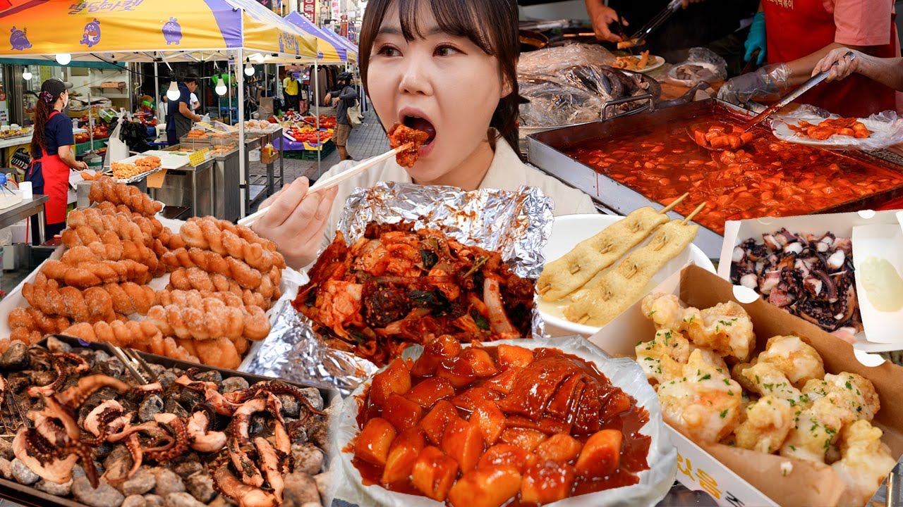 Уличная еда Мукбанг на традиционном рынке Йонъина🍤Гопчан, сандэ, креветки, токпокки и т. д.🌯