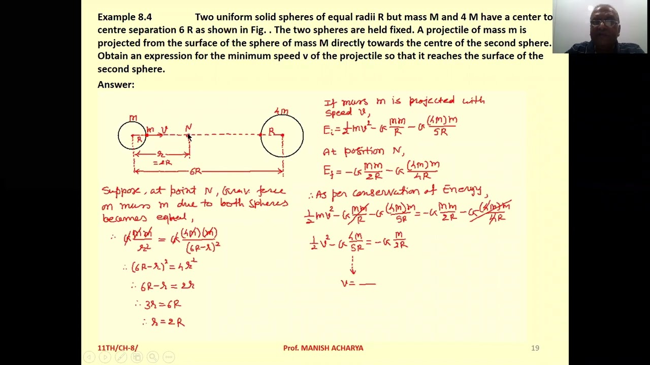 Two uniform solid spheres of equal radii R, but mass M and 4M have a centre to centre separation 6R,