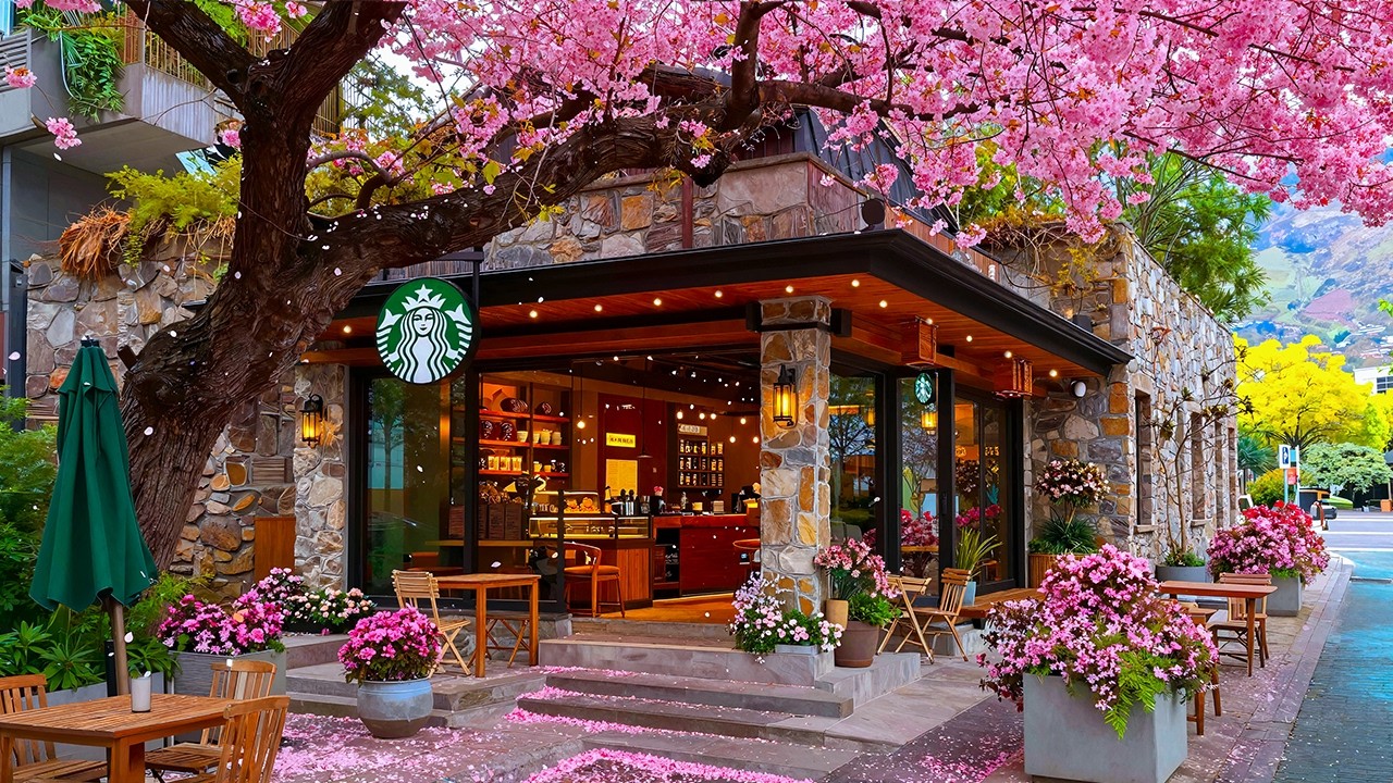 【 3月の街角 広告なし】春のスタバ bgm ジャズ☕ 桜並木の道沿いカフェで集中力を高める作業用BGM🌸勉強・仕事・癒やし✨満開の桜の下で、一緒に作業しませんか？ Spring Starbucks