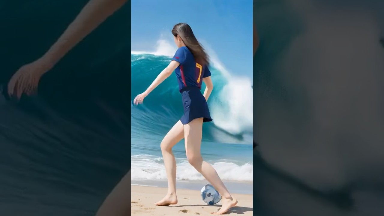 Barcelona beauty kicks the ball toward the giant waves 巴薩美女將球踢向海浪