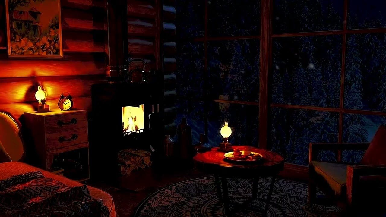 Cozy Winter Cabin Ambience | Fireplace Glow, Falling Snow & Deep Relaxation 4K