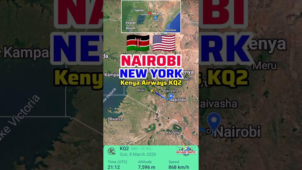 Маршрут рейса Найроби — Нью-Йорк авиакомпании Kenya Airways (KQ2).
