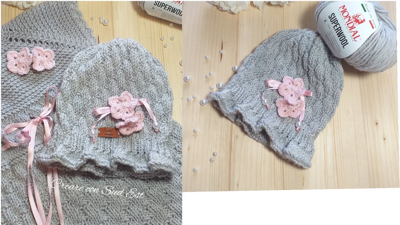 cappellino petali di rosa ai ferri per neonata