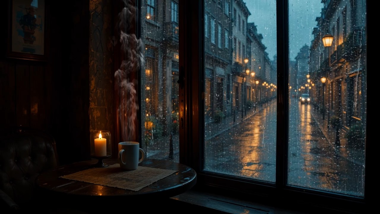 Midnight Rain & Coffee Steam ☕ Gentle Street Lights Outside | Deep Relaxation Sounds