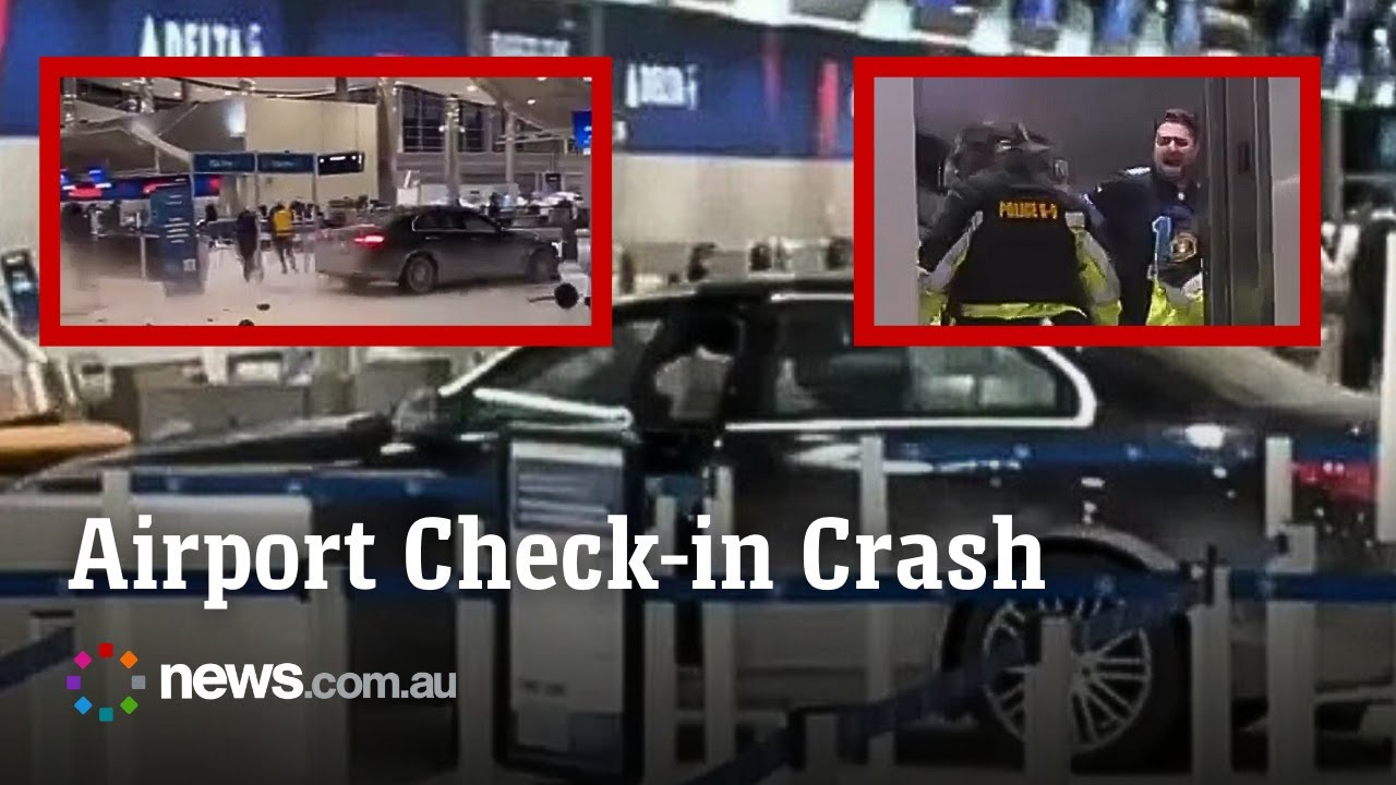 Dramatic moment car smashes into an Airport's check-in area