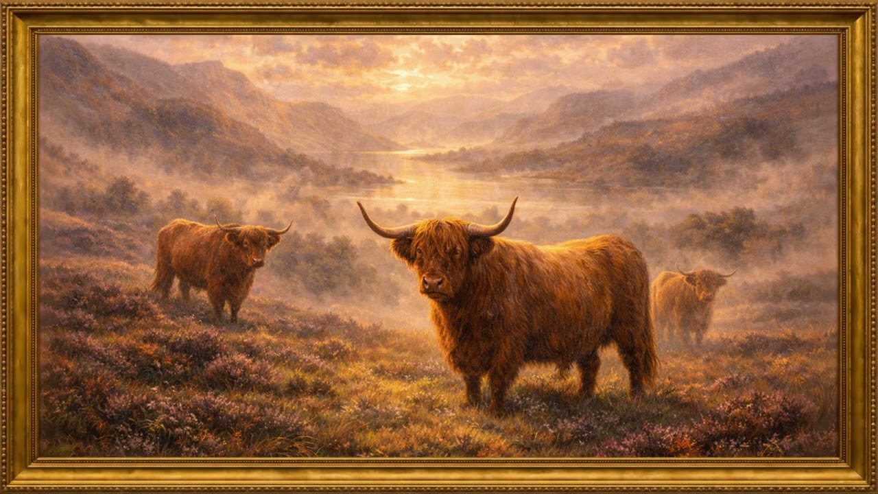 Highland Cattle in a Misty Scottish Glen | 4K Framed Art Screensaver | 2 Hours Silent Painting