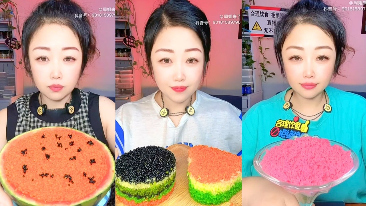 Watermelon-Style Roe and Colorful Caviar Layers on Display