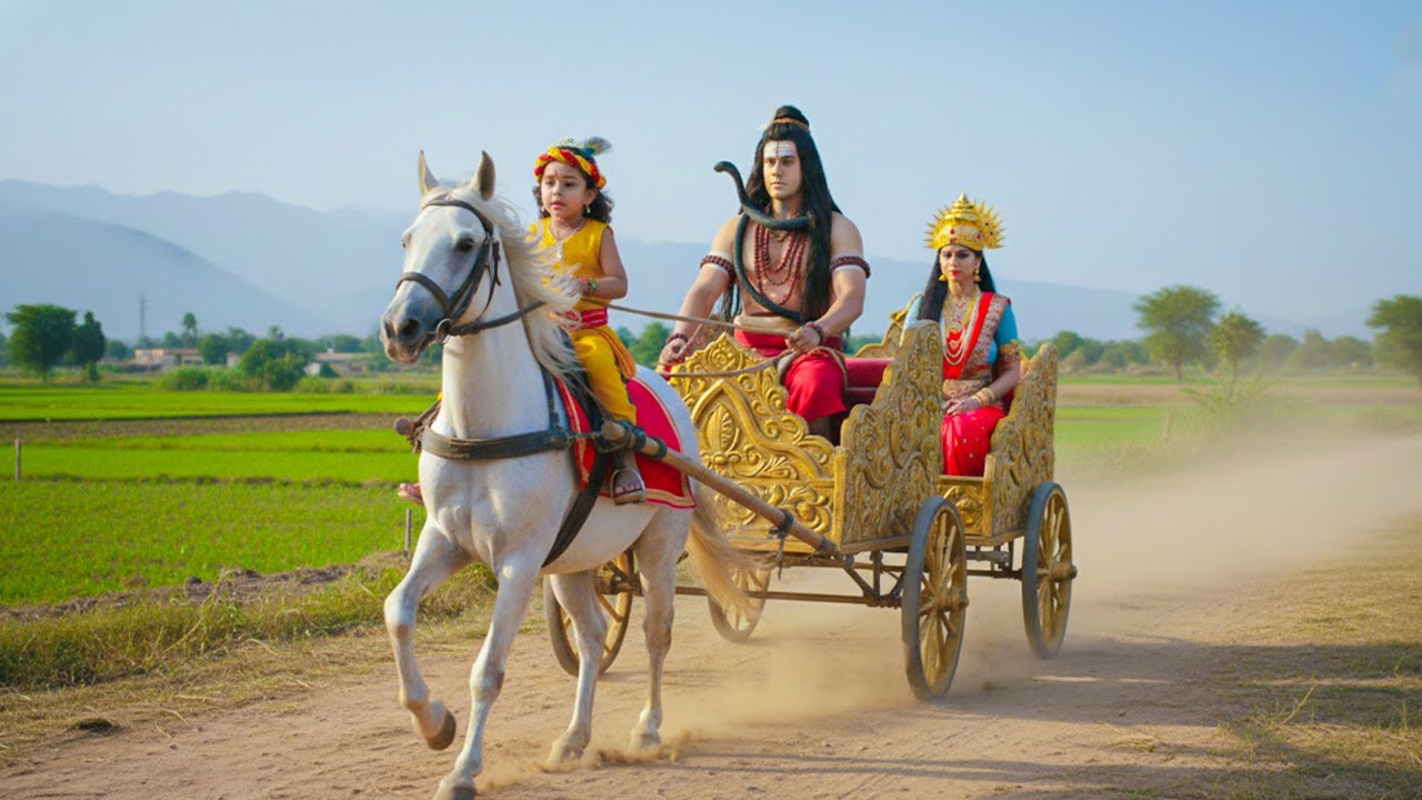 कान्हा महादेव और माता पार्वती को अपने रथ में बैठा कर वृन्दावन लाये | यशोमती मईया के नंदलाला