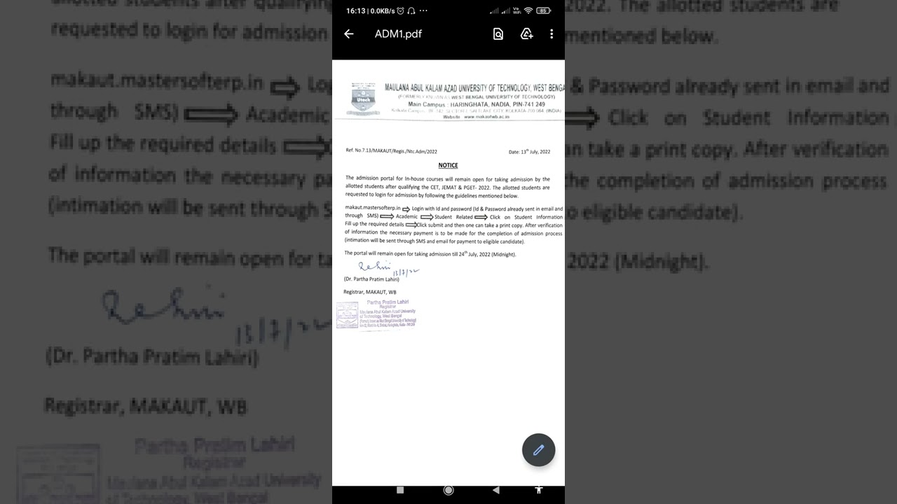 MAKAUT CET-1 & JEMAT-1 In-House Admission 2022 Notice
