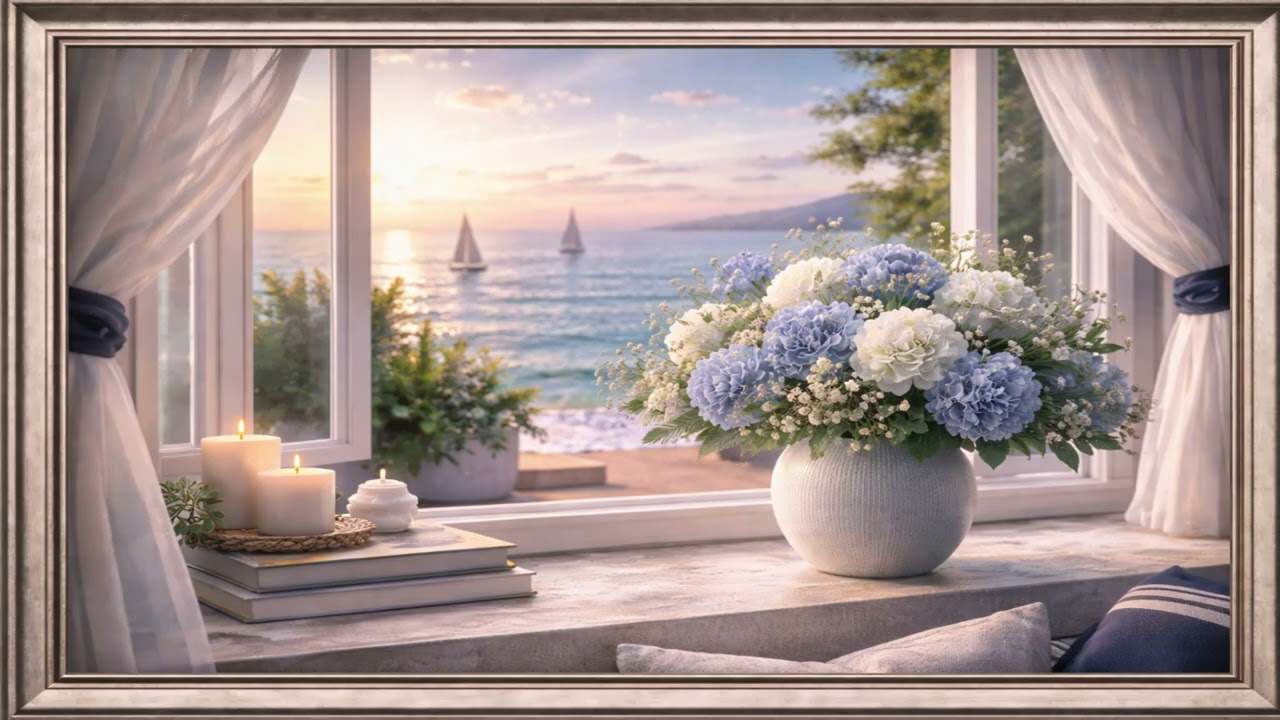 Relaxing Sunset Over Water | Cozy Coastal Window Aesthetic