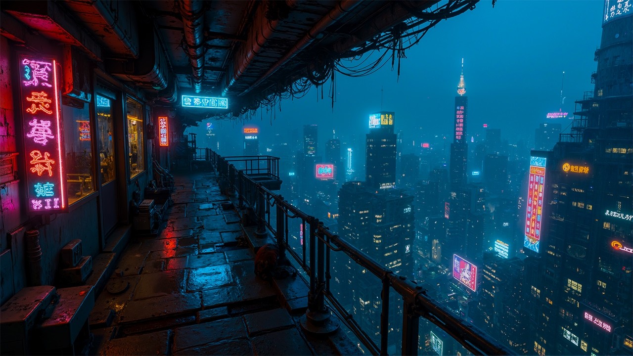 Cyberpunk High-Rise Balcony 🌃 | Rainy Neon Megacity View & Moody Sci-Fi Night Ambience | 4K