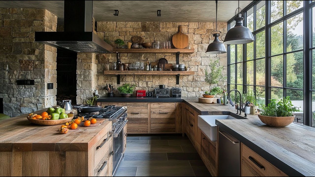 Rustic Modern Kitchen with Natural Wood and Stone Details