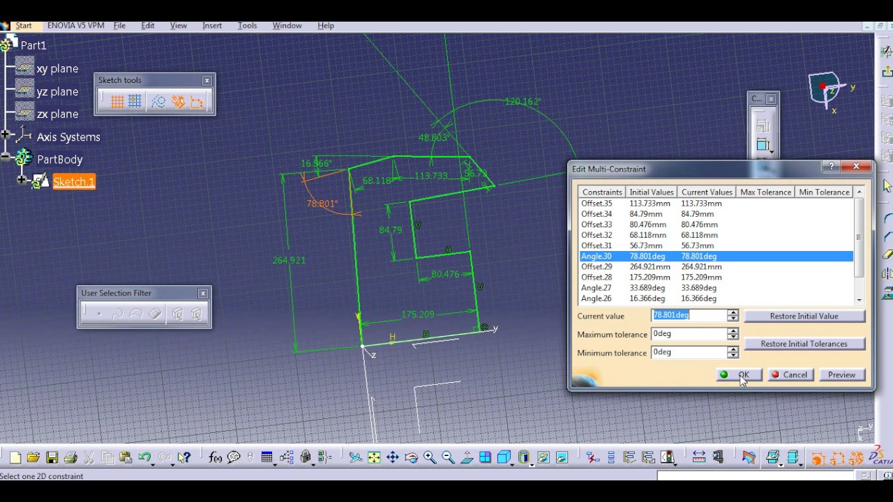 SKETCH ANALYSIS SKETCH SOLVING STATUS OUTPUT FEATURE  CONSTRAINT SNAP TO POINT GRID CATIA V5