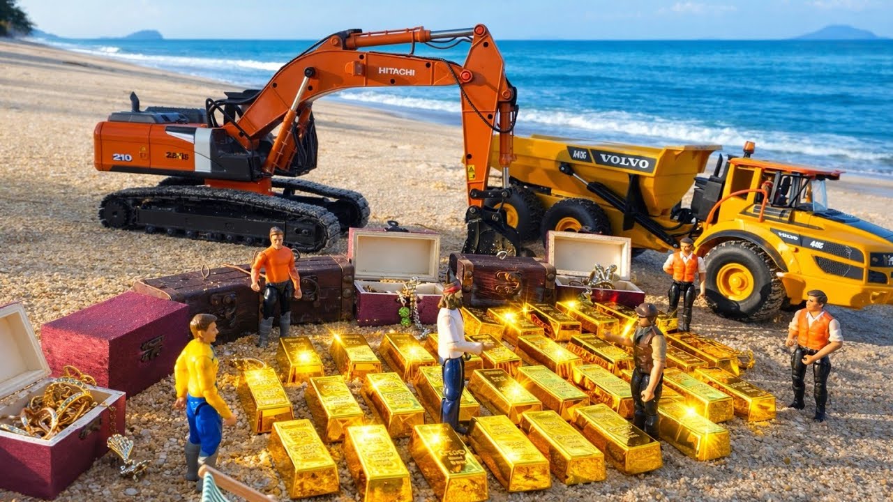 Strong Scale 1/16 : RC Excavator Hitachi And JCB Searching New Treasure Map On Beach Remastered