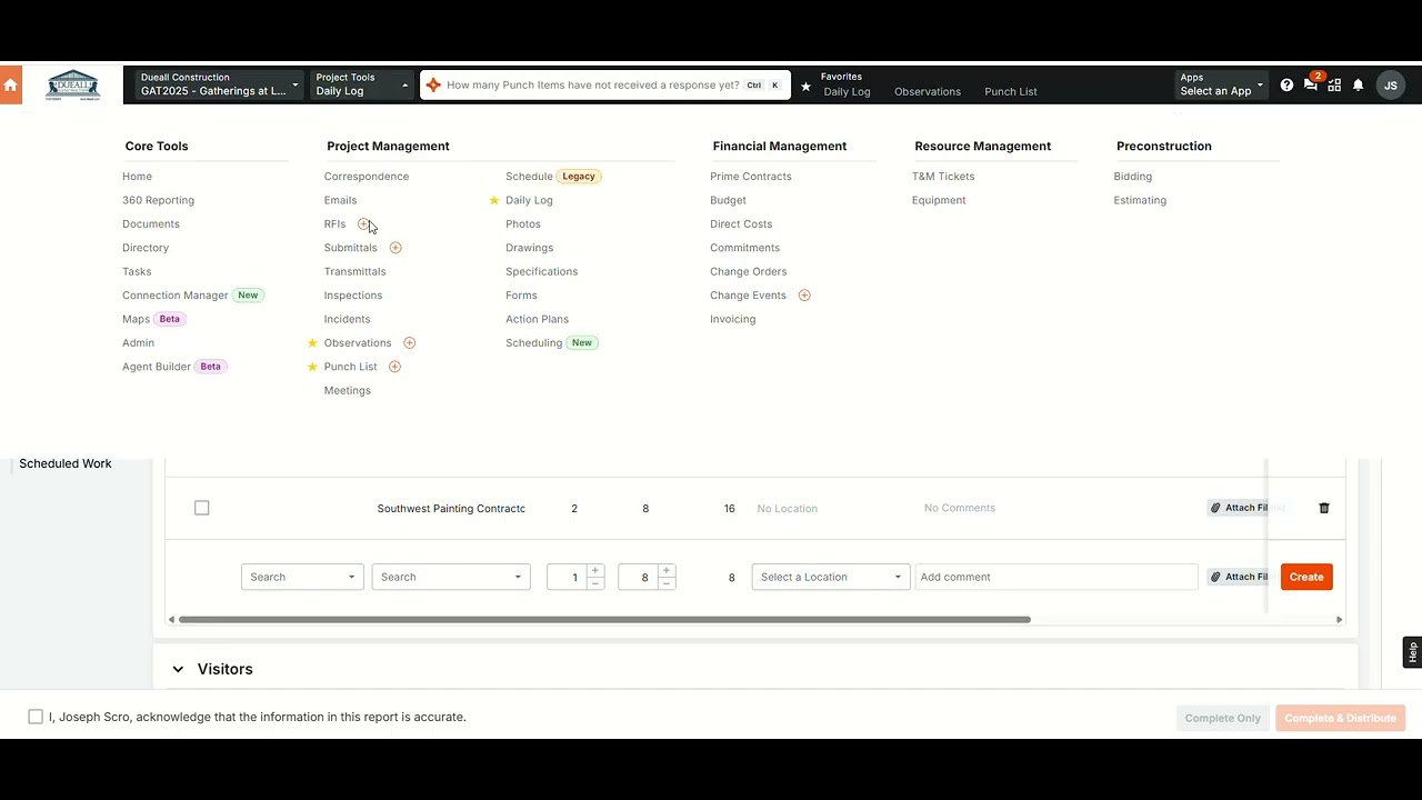 Area Location in PROCORE  Randy's Issue